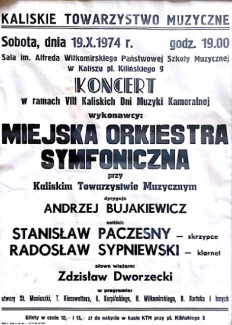 Afisz pierwszego oficjalnego występu Miejskiej Orkiestry Symfonicznej w Kaliszu