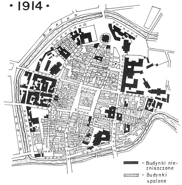 Plan Kalisza z zakresme zmiszczeń z sierpnia 1914 roku