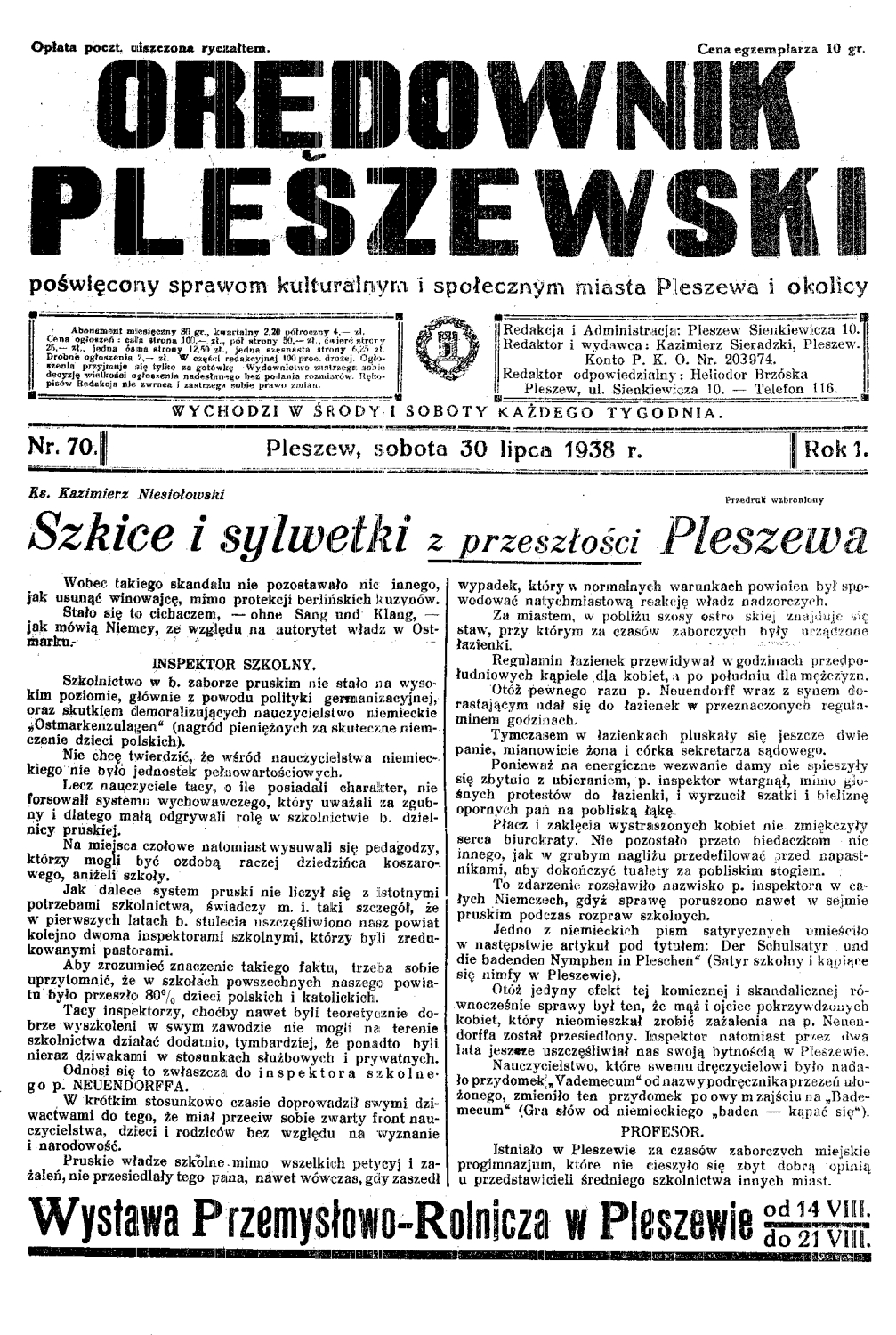 Orędownik Pleszewski - poświęcony sprawom kulturalnym i społecznym miasta Pleszewa i okolicy 1938.07.30 R.1 Nr70