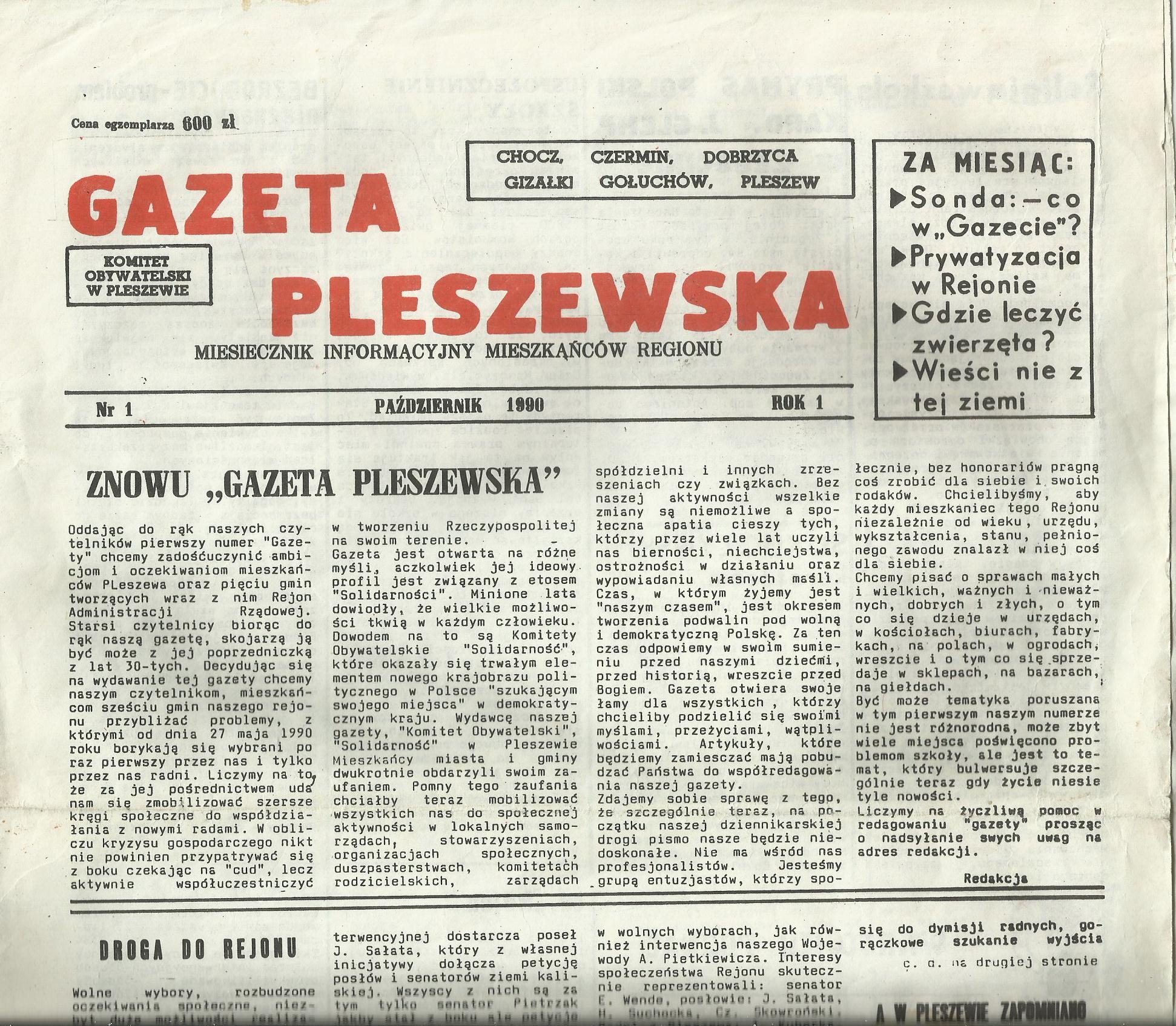 Pierwszy numer Gazety Pleszewskiej