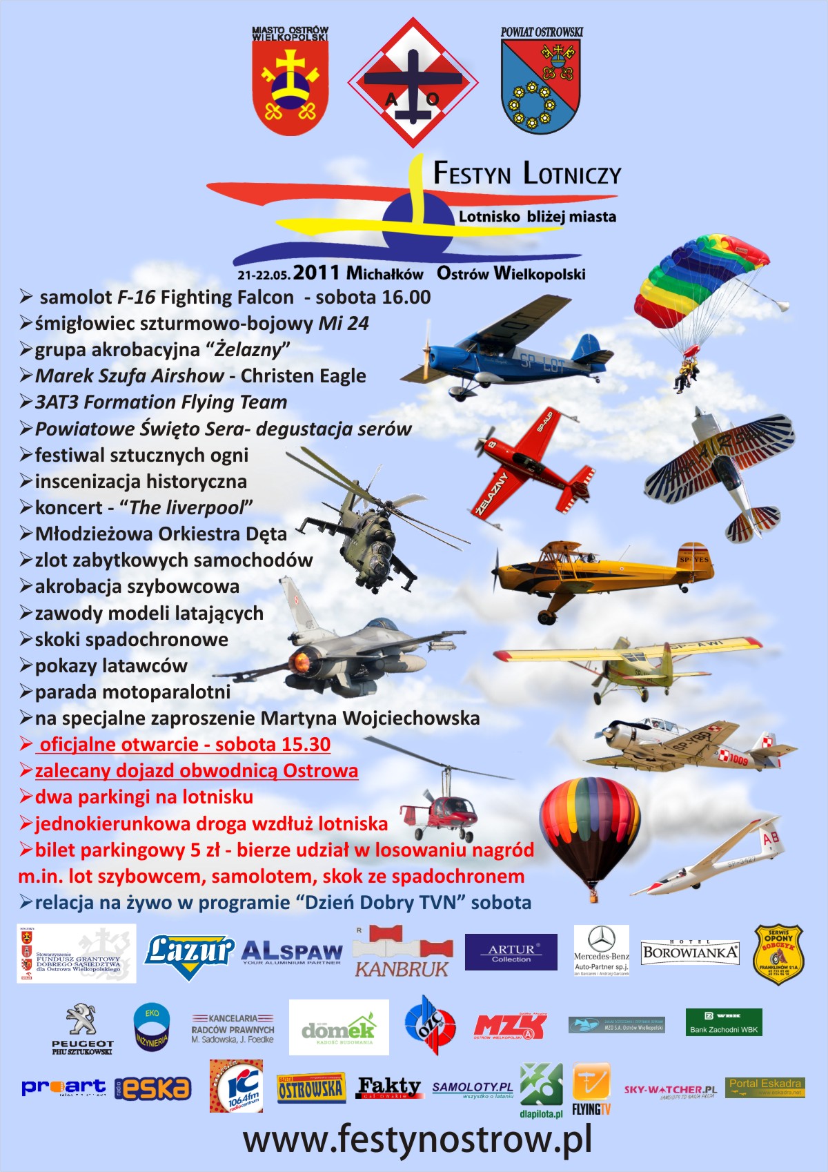 Plakat promujący I festyn lotniczy LOTNISKO BLIŻEJ MIASTA w Michałkowie