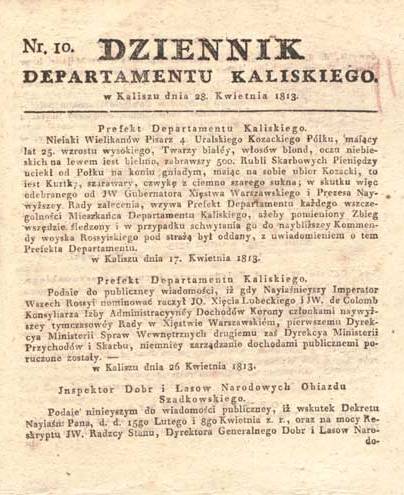Dziennik Departamentu Kaliskiego nr 10 z 28 kwietnia 1813 roku