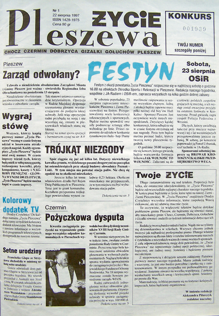 Życie Pleszewa nr 1 z 22 sierpnia 1997 roku