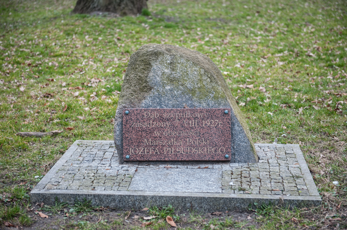 Głaz z tablicą upamiętniającą zasadzenie w sierpniu 1927 roku, w obecności Marszałka Józefa Piłsudskiego dębu szypułkowego