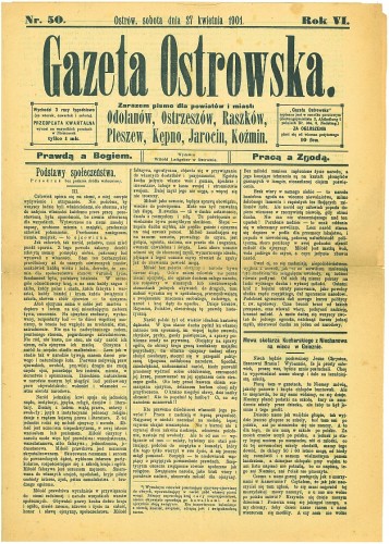 Pierwsza strona Gazety Ostrowskiej z kwietnia 1901 roku