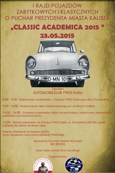 Plakat I Rajdu Pojazdów Zabytkowych i Klasycznych o Puchar Prezydenta Miasta Kalisza