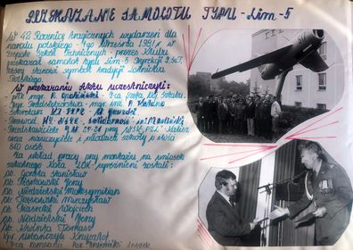 Pamiątka z uroczystosci przekazania Zespołowi Szkół Technicznych (WSK) przy ulicy Częstochowskiej, samolotu Lim-5 (MiG-17)