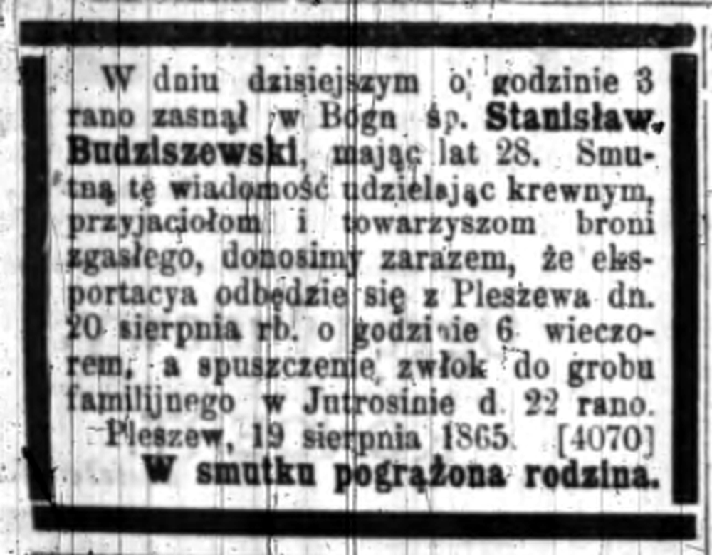 Informacja o śmierci i pogrzebie Stanisława Budziszewskiego w Dzienniku Poznańskim