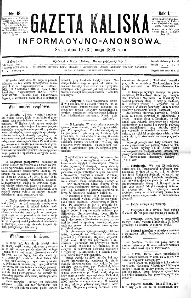 Strona tytułowa Gazety Kaliskiej z dn. 31 maja 1893 roku