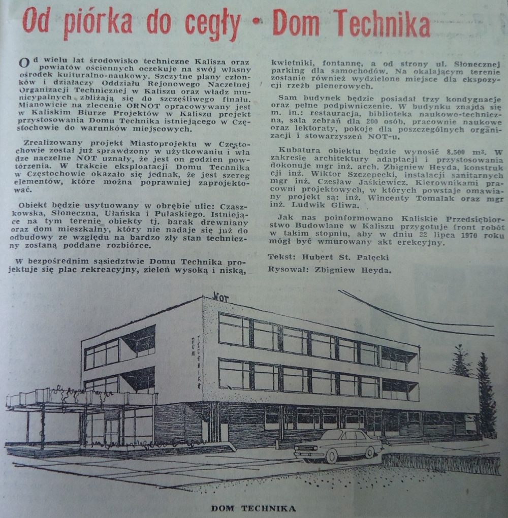 Artykuł o budowie Domu Technia w Kaliszu autorstwa Huberta St. Pałęckiego